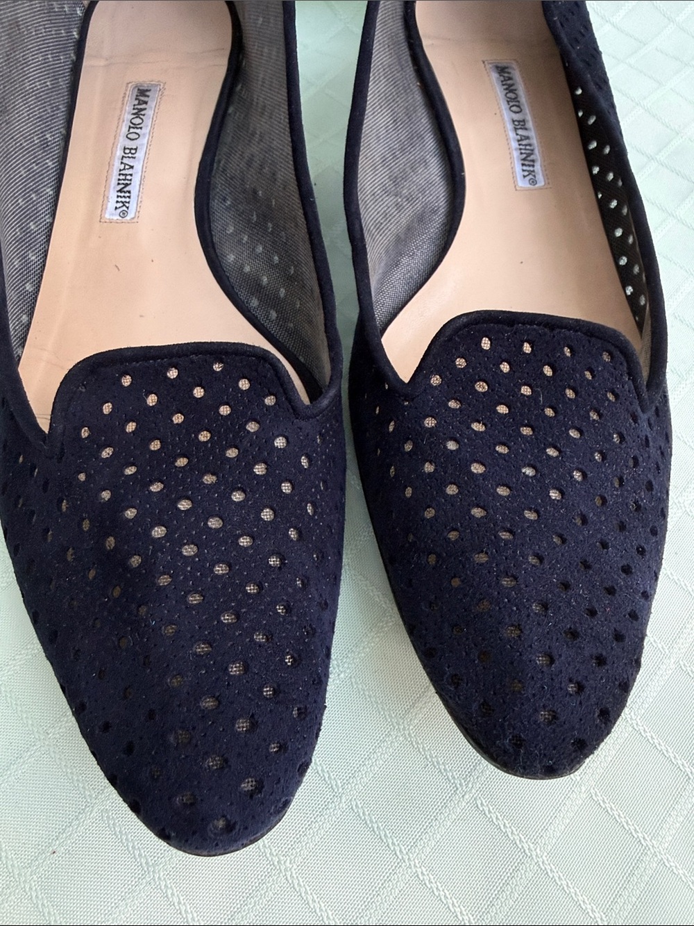 Vintage navy blue Manolo Blahnik perforated suede leather flats with pointed toe